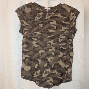 Joie Pima Cotton Brown Camel Tan Camo Shirt Sleeve Women's XS Tee Curved Hem